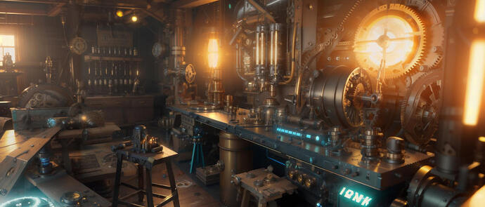 01214-3797040403.0-(masterpiece) interior of a ((steampunk engineering)) laboratory, (automatons), (gears), clockwork, cluttered workbenches, glowi