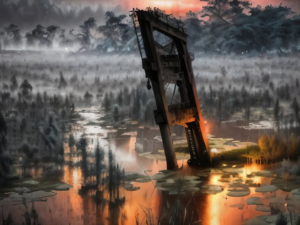 00002-919190244-(masterpiece) empty swamp, corroded corrupted steel girders rise from water, wilderness, forlorn, mist, mystery, cinematic light (1)